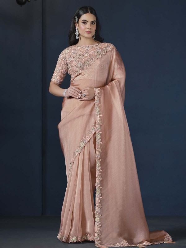 Peach Glace Tissue Party Wear Saree